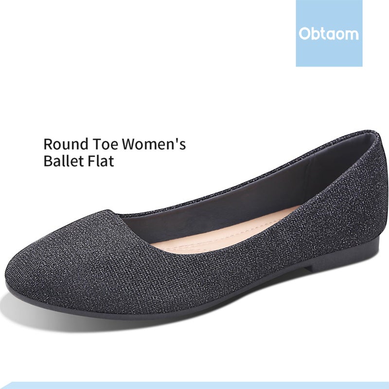 Obtaom Sparkly Ballet Flats Women Casual Shiny Flat Shoes Round Toe Dress Bling Sequin Ballet Flats (Bright Black,US8) - Image 3